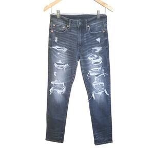 American Eagle Mens Airflex Distressed Patched Black Slim Jeans Size 28/30